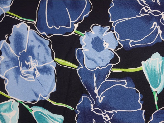 Panama Viscose Fabric - Blue Flower Drawings